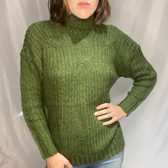 Sweaters - Handmade Knit Forest Green Mock Neck Sweater